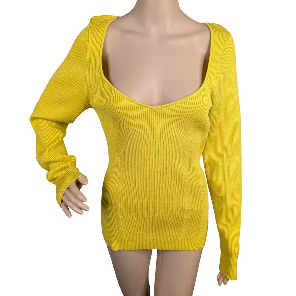 Anthropologie Sweetheart Neckline Sweater Large L Citron Yellow Ribbed Knit EUC - Picture 5 of 11